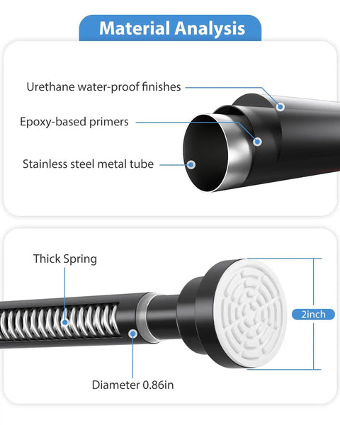 Material analysis of adjustable no drill curtain rod for windows and doors black spring tension curtain rod extends 30 to 63 inches.