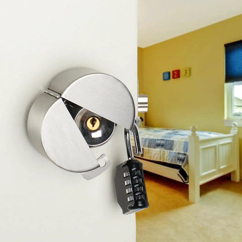 Heavy Duty Door Handle Lock Stops Knob Turning And Blocks Keyhole For Solid Privacy Lock It Down Tight With A No Sweat Portable Travel Security Setup Today on a bedroom door.