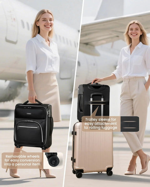 Black Sydioor 16-inch underseat softside luggage with removable wheels, front pocket and trolley sleeve.