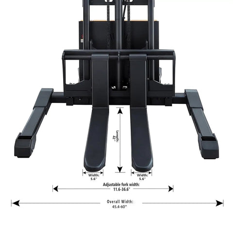 Front view of the Semi Electric Pallet Stacker With Straddle Legs, 3300 Lb Capacity, 98 Inch Lift Height with adjustable forks.