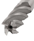 End mill router bit, 5/8 in diameter, 4-flute, straight shank, HSS-AL, close-up of cutting end
