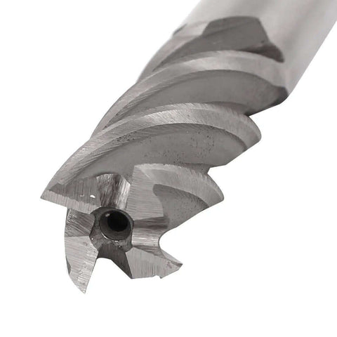End mill router bit, 5/8 in diameter, 4-flute, straight shank, HSS-AL, close-up of cutting end