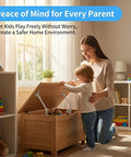 Adult and child using toy chest with Two Pack Soft Close Lid Support Hinges With Adjustable Tension For Toy Boxes Wooden Chests Storage Trunks And Benches Includes Installation Tools Quiet Safe Operation Prevents Finger Pinch And Lid Slams in playroom.