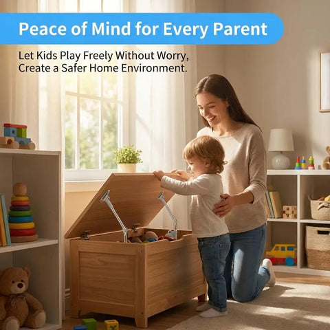 Adult and child using toy chest with Two Pack Soft Close Lid Support Hinges With Adjustable Tension For Toy Boxes Wooden Chests Storage Trunks And Benches Includes Installation Tools Quiet Safe Operation Prevents Finger Pinch And Lid Slams in playroom.