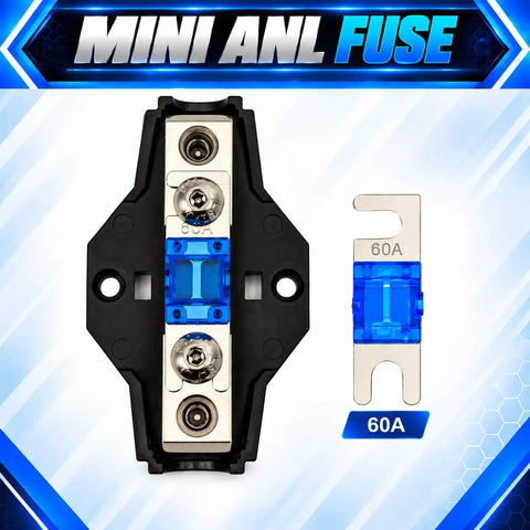 Heavy Duty 60 Amp Mini ANL Fuse Holder With 0 2 And 4 Gauge Wire Setup including blue fuse and metal connectors on a black base.
