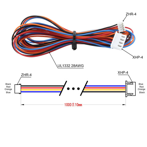 NEMA 14 pancake stepper motor wiring harness, 1 m, 4-wire, multicolor UL1332 28AWG with ZHR-4/XHP-4 connectors
