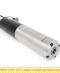 Close-up of 1.8KW ATC water cooled spindle motor, silver and black, featuring ISO20 tool change capability.