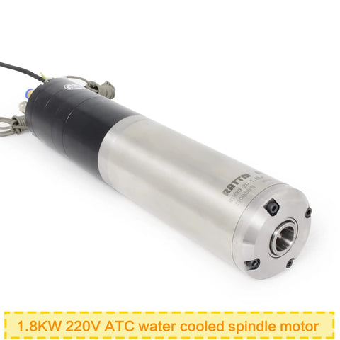 Close-up of 1.8KW ATC water cooled spindle motor, silver and black, featuring ISO20 tool change capability.