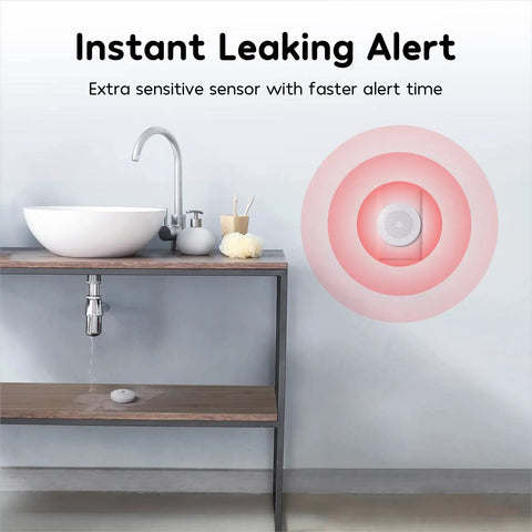 WiFi Water Leak Detector Kit, 3 Pack With 100dB Adjustable Alarm showing sensor under bathroom sink