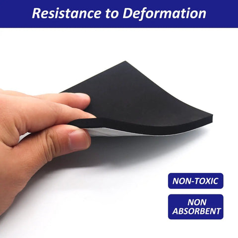 Person flexing Self Adhering Neoprene Foam Padding Sheets With Strong Adhesive Backing One Quarter Inch Thick Four Inch By Four Inch Square Pads Eight Pieces Closed Cell Insulation Foam For Stays Put Cushions, Crafting Projects, And Gear Padding.