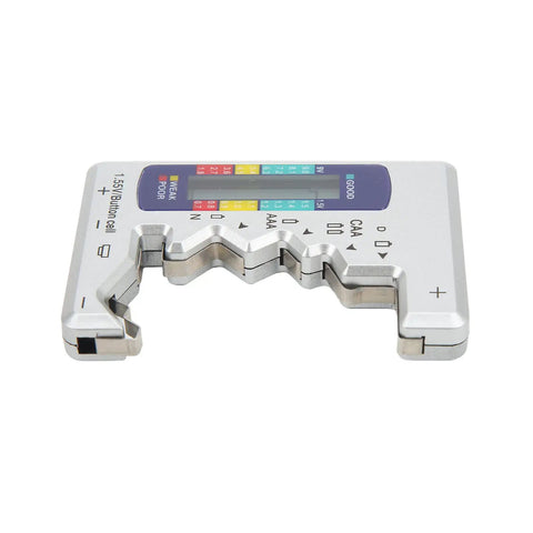 LCD Universal Battery Checker for AA AAA C D 9V and 1.5V Cells with Three Color Readout Red Yellow Blue and Pro Grade Battery Capacity Meter for Home Use Everyday handheld silver plastic and metal tester