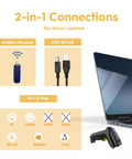 Long Range Wireless 1D Barcode Scanner With USB Receiver next to laptop, showing 433MHz wireless and USB wired connections