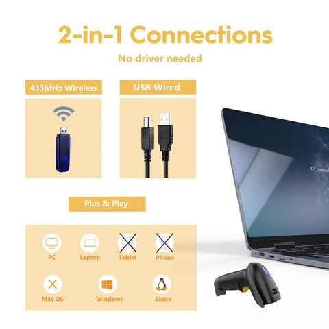 Long Range Wireless 1D Barcode Scanner With USB Receiver next to laptop, showing 433MHz wireless and USB wired connections