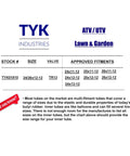 Chart showing size fitment for Heavy-Duty 12 Inch ATV UTV Inner Tube Set for 26x12-12 Tires with TR13 Valve Stems, by TYK Industries.