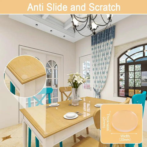 Image of Heavy Duty Self Adhesive Clear Furniture Bumpers on a wooden table, 20mm wide and 2mm thick for anti-slide protection.