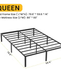 Queen Size Metal Platform Bed Frame With Heavy Duty Steel Construction And Eleven Tough Support Legs Giving You Serious Under Bed Storage For Rock Solid Stability Zero Wobble And A Really Comfy Place To Rest Tonight, showing dimensions and slats.
