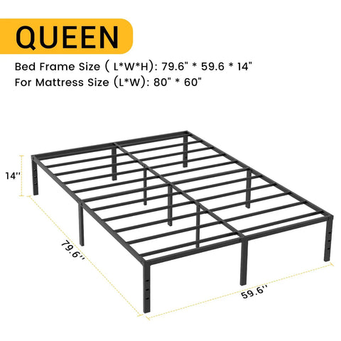 Queen Size Metal Platform Bed Frame With Heavy Duty Steel Construction And Eleven Tough Support Legs Giving You Serious Under Bed Storage For Rock Solid Stability Zero Wobble And A Really Comfy Place To Rest Tonight, showing dimensions and slats.