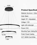 Diagram of Three-Ring Black LED Chandelier for High Ceilings, 79 inch adjustable, with 6000K cool white glow and product specifications.