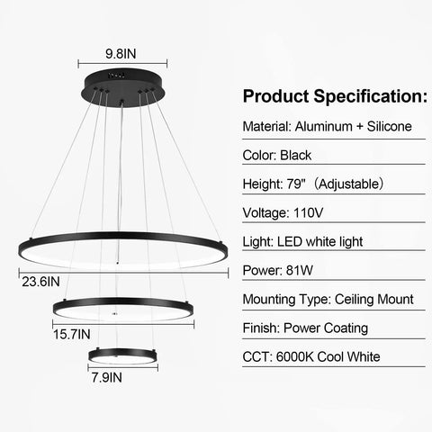 Diagram of Three-Ring Black LED Chandelier for High Ceilings, 79 inch adjustable, with 6000K cool white glow and product specifications.