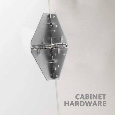 Drop Leaf Folding Table Hinge Set For Dining Tables, sturdy iron build shown mounted on white cabinet for home use