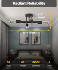 Close-up of black ceiling light with exposed bulbs and measurements, featuring 'Radiant Reliability' text.
