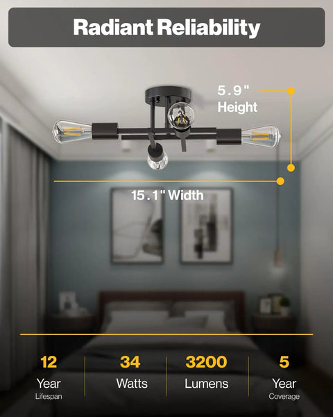 Close-up of black ceiling light with exposed bulbs and measurements, featuring 'Radiant Reliability' text.