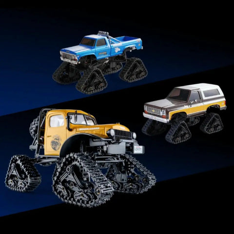 Three RC trucks with All Terrain Caterpillar Track Set 2Pcs for 1/18 FCX18 and 1/24 FMS rugged look, on dirt trails and gravel.
