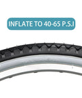 Close-up of 2 Pack Cruiser Bike Tires With Inner Tubes And Tire Levers, 26x2.125 Inch, white wall, showing tire inflation to 40-65 PSI.
