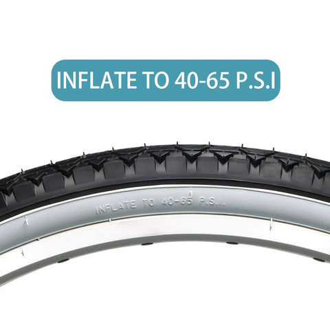 Close-up of 2 Pack Cruiser Bike Tires With Inner Tubes And Tire Levers, 26x2.125 Inch, white wall, showing tire inflation to 40-65 PSI.