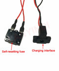 Close-up of wiring components in DIY 6V 12V 24V Wire Harness Conversion Kit for Ride On Toys with self-resetting fuse and charging interface.