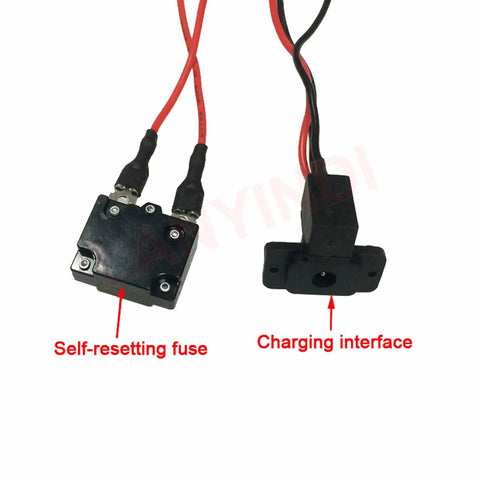 Close-up of wiring components in DIY 6V 12V 24V Wire Harness Conversion Kit for Ride On Toys with self-resetting fuse and charging interface.