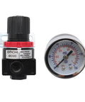 Front view of Pneumatic Air Regulator With Bracket And Gauge Quarter Inch NPT Female Thread 0 To 145 PSI Adjustable For Your Shop Air Compressors Keeps Pressure Steady Includes 2 Brass Fittings And Teflon Tape Aluminum And Plastic Build next to close-up of pressure gauge.