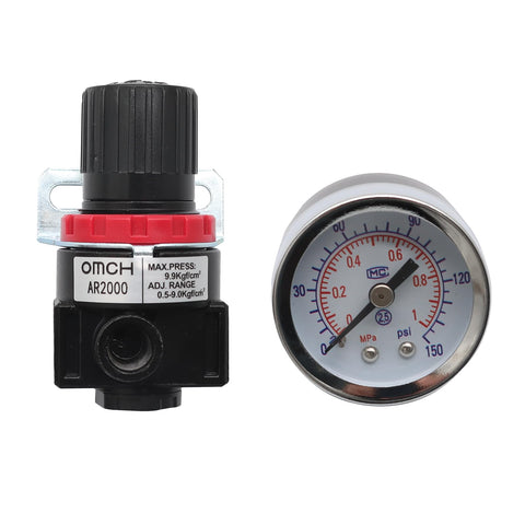 Front view of Pneumatic Air Regulator With Bracket And Gauge Quarter Inch NPT Female Thread 0 To 145 PSI Adjustable For Your Shop Air Compressors Keeps Pressure Steady Includes 2 Brass Fittings And Teflon Tape Aluminum And Plastic Build next to close-up of pressure gauge.