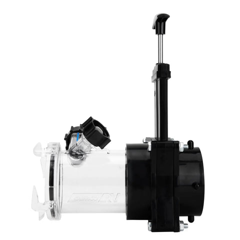 Side view of Must-Have RV Gate Valve With Built-In Clear Adapter And Four Bayonet Prongs, fits 3 inch sewer fittings, backup for leaky valves.