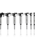 Heavy Duty Eight Piece Forstner Bit Set High Speed Carbon Steel Wood Drilling Kit with various sizes from 1/4" to 1-3/8".