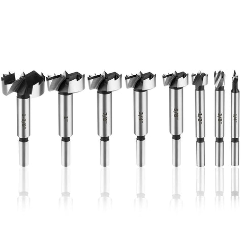 Heavy Duty Eight Piece Forstner Bit Set High Speed Carbon Steel Wood Drilling Kit with various sizes from 1/4" to 1-3/8".