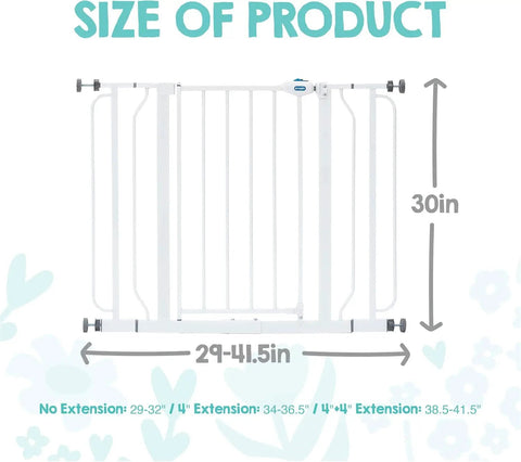 Extra Wide Baby Safety Gate For Openings From 29 To 41.5 Inches, 30 Inches Tall, shown with measurement details and extensions