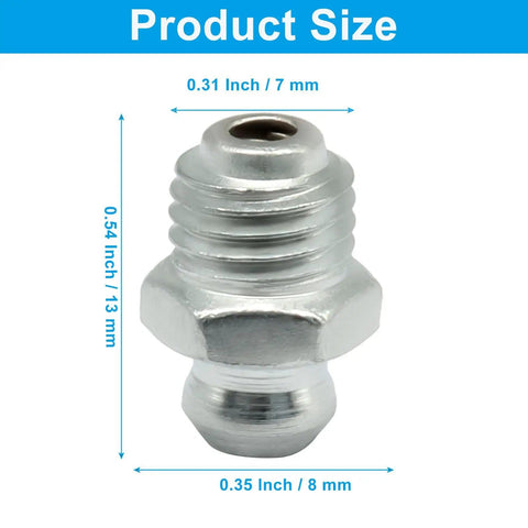 25 Pcs M8 Straight Hydraulic Grease Fitting Kit showing size dimensions in inches and millimeters.
