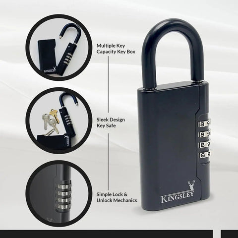 Weather Resistant Hanging Key Safe Lock Box For Realtors Real Estate Pros And Vacation Rentals Resettable Combination Secure Key Storage Portable Box For House Keys showing lock mechanism and features.