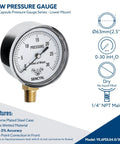 SENCTRL low-pressure capsule gauge, 0–30 inH2O, 2.5-inch dial, chrome case, 1/4 inch NPT lower mount