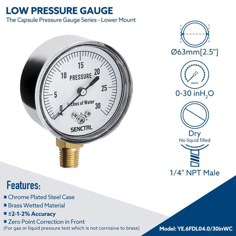 SENCTRL low-pressure capsule gauge, 0–30 inH2O, 2.5-inch dial, chrome case, 1/4 inch NPT lower mount