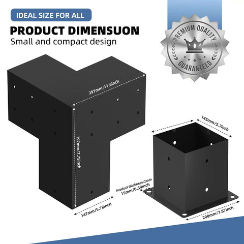 4-Pack 6x6 Inch Wood Pergola Brackets, 3-Way Right Angle Corner Brackets with product dimensions and quality seal
