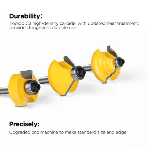 Three yellow round router bits with one quarter inch shank, durable coated finish, from Router Bits Set 50 Piece.
