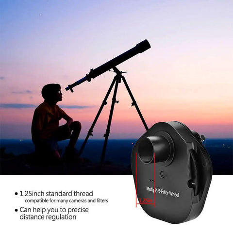 Silhouetted figure with telescope and 1.25 Inch Eyepiece With Five Position Manual Filter Wheel T2 Mount Camera Adapter in foreground.