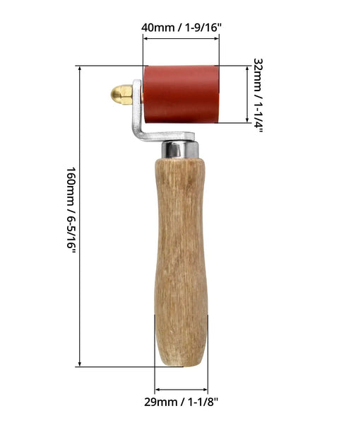 Side view of Silicone Seam Roller High Temperature Resistant Heavy Duty Pro Grade Hand Pressure Roller with wood handle and size dimensions