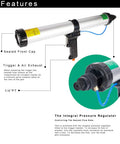 Pneumatic Caulking Gun 20 Oz Sausage, Aluminum Cylinder, dripless design with quick release end cap and pressure regulator.