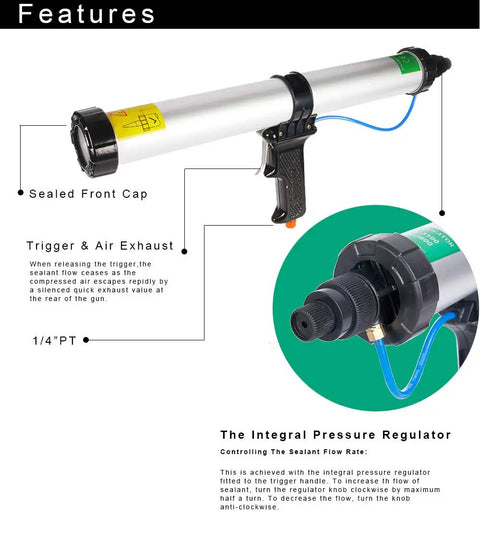 Pneumatic Caulking Gun 20 Oz Sausage, Aluminum Cylinder, dripless design with quick release end cap and pressure regulator.