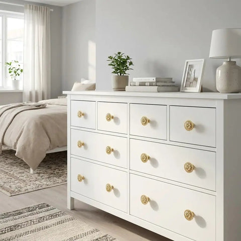 White dresser with 12 Pack Vintage Floral Drawer Knobs Set With Zinc Alloy Cabinet Pulls And Handles in a bright bedroom