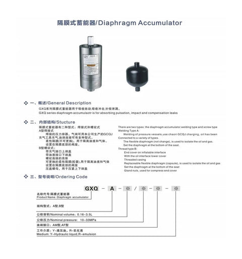 High Pressure Hydraulic Diaphragm Accumulator GXQ A Series 0.16L 0.25L 0.32L 0.5L 0.6L 0.75L 1L 1.4L 2L 2.8L Precharged Heavy Duty Fluid Power Storage For Industrial Hydraulics And Pressure Stabilization