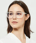 Person wearing clear frame of Two Pack Anti Fog Safety Glasses With UV 400 Protection Blue Light Blocking Anti Dust Shield